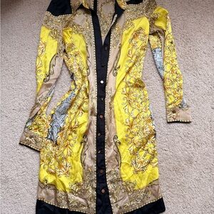 Cache Yellow, Black and Tan Baroque-Print Blouse Dress